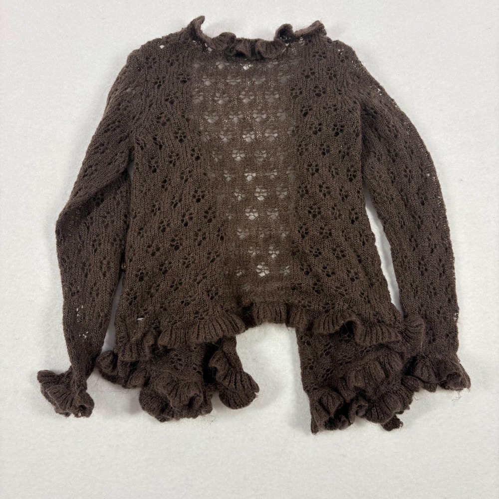 Vintage Old Navy Girls 5T Brown Pointelle Knit Ruffle Wrap Cardigan Mohair Fairy